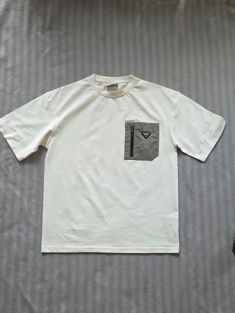 Prada Cream Short-Sleeve Tee with Gray Utility Chest Pocket